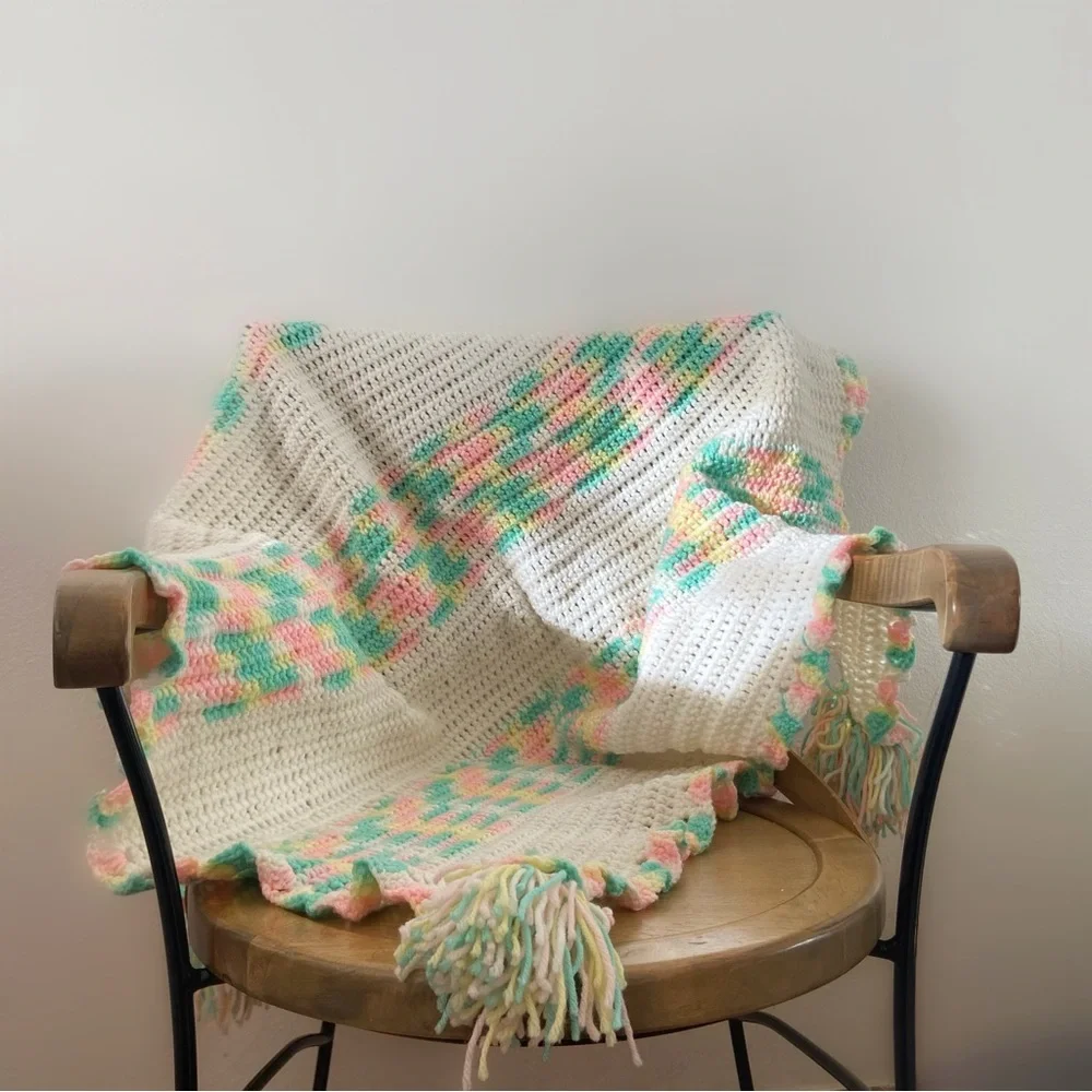 Vintage pastel crochet handmade throw blanket baby pompom kawaii cute